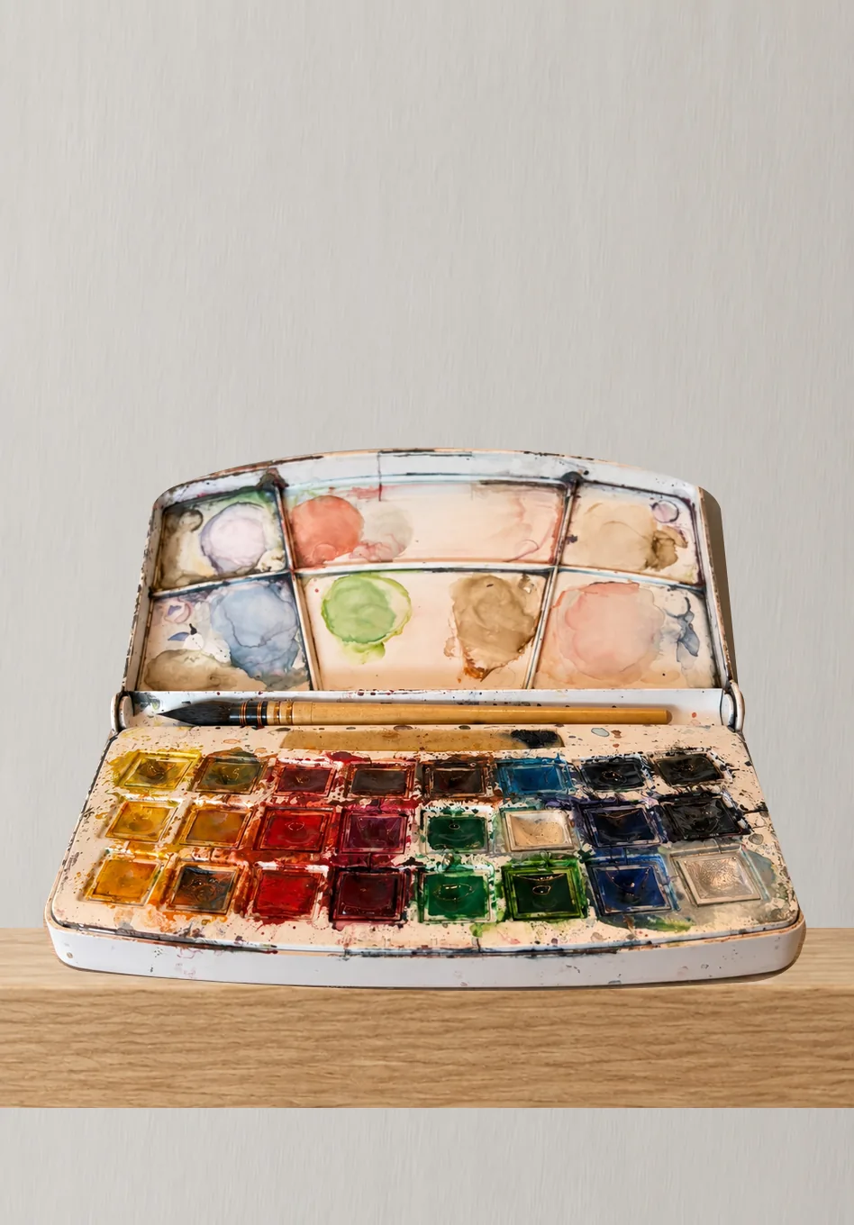 Paleta de aquarela usada, da colaboração Vestígios by Massae